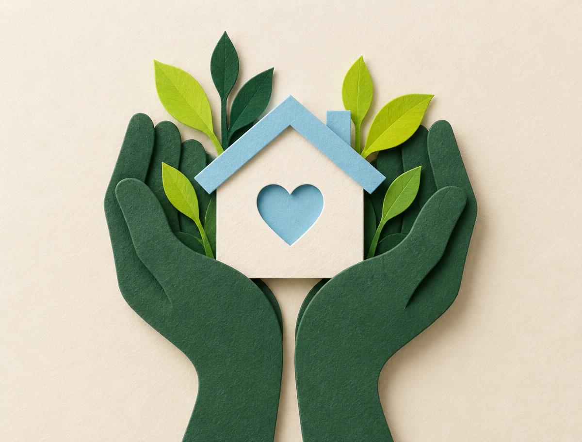Paper-cut hands cupping a small paper house with a heart-shaped window — the Zen Caregiving Project.